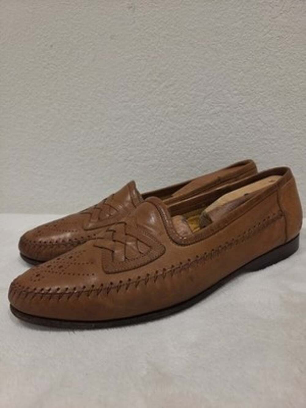 Santoni Men's 10D Brown Leather Woven Slip On Italian Loafers